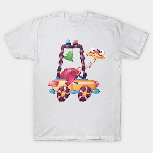 Funny ostrich driving a car cartoon concept T-Shirt by GiftsRepublic